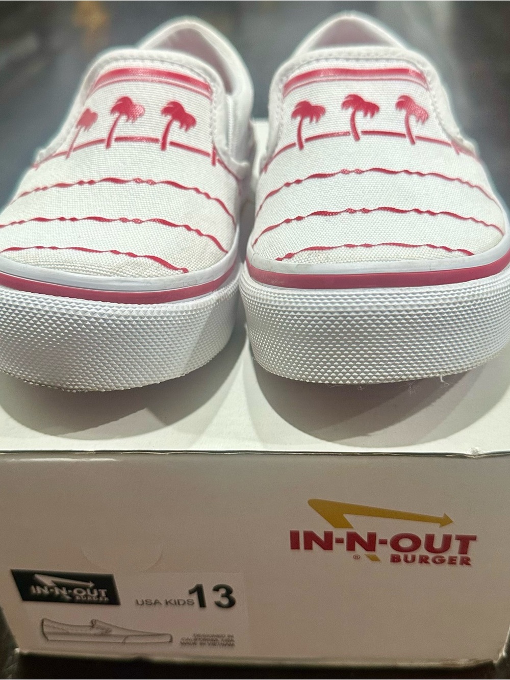 In-N-Out Burger Slip-On Shoes Kids Size 13 White Red Palm Tree Canvas Sneakers